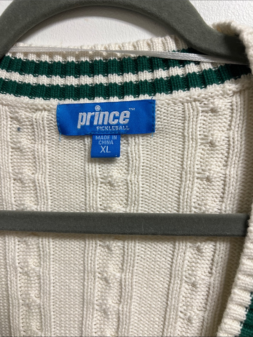 Prince Cream Cotton Cable Knit V-Neck Sweater Dark Green Trim Retro Preppy XL - Picture 2 of 6